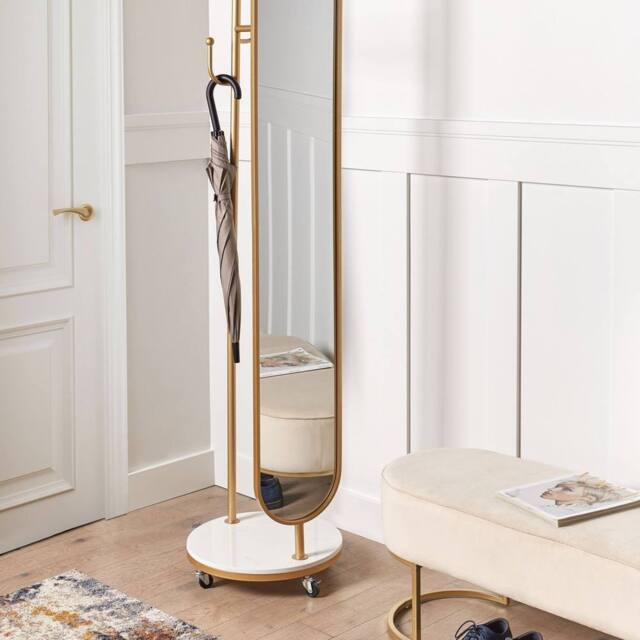Wyld and Coco Gold Coat Stand with Marble Base and Full-Length Mirror - image 1