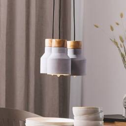 Wyld and Coco Three-Light Pendant Cluster Grey Concrete with Pine Wood Accent