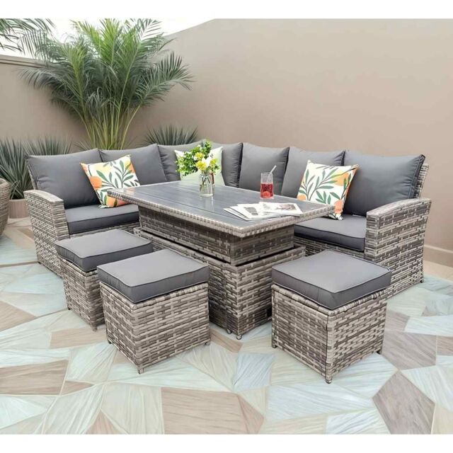 Furniture Maxi Rosen 9 Seater Rattan Garden Dining Set With Lift-Up Table & 3 Stools in Grey - image 1