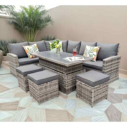 Furniture Maxi Rosen 9 Seater Rattan Garden Dining Set With Lift-Up Table & 3 Stools in Grey - thumbnail 1