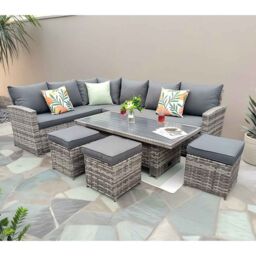 Furniture Maxi Rosen 9 Seater Rattan Garden Dining Set With Lift-Up Table & 3 Stools in Grey - thumbnail 3