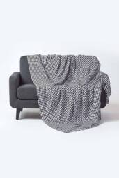 Homescapes Houndstooth 100% Cotton Bedspread Throw in Black - Size: 225 cm x 255 cm