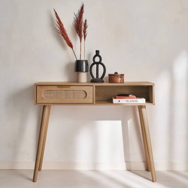 sweeek 100cm wood & cane rattan console table in Beige - image 1