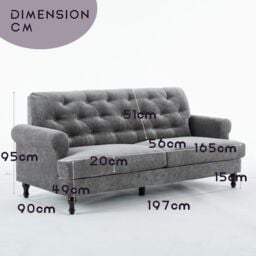 FURNITURE ONE Padded 3 Seater Sofa, Gray Velvet Upholstered 3 Seater Sofa in Grey - thumbnail 6