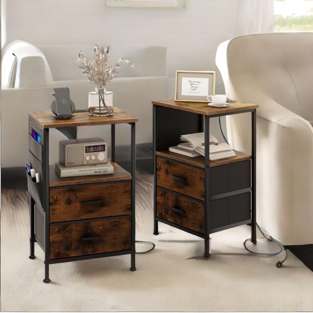 Pirlo Plush 2PC Bedroom Bedside Tables With Charging Station Rustic Brown Industrial - image 1