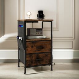 Pirlo Plush 2PC Bedroom Bedside Tables With Charging Station Rustic Brown Industrial - thumbnail 3