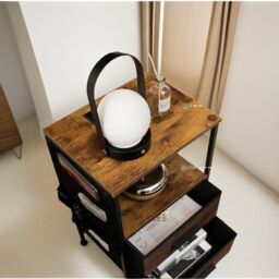 Pirlo Plush 2PC Bedroom Bedside Tables With Charging Station Rustic Brown Industrial - thumbnail 4