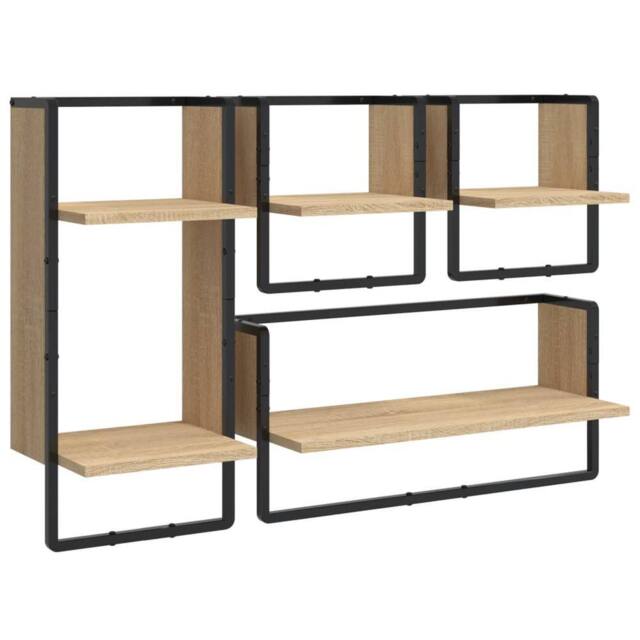 Berkfield Home 4 Piece Wall Shelf Set with Bars Sonoma Oak Engineered Wood in Light Brown - image 1
