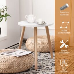 Costway Round Compact Coffee End Table Small Side Desk w/ Natural Wood Legs Modern Style in White - thumbnail 3