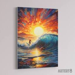 "Artery8 Sunset Surfing Surfer Riding Waves Canvas Wall Art Print in Orange - Size: W18"" x H24""" - thumbnail 2