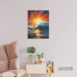 "Artery8 Sunset Surfing Surfer Riding Waves Canvas Wall Art Print in Orange - Size: W18"" x H24""" - thumbnail 3