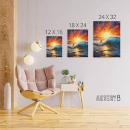 "Artery8 Sunset Surfing Surfer Riding Waves Canvas Wall Art Print in Orange - Size: W18"" x H24""" - thumbnail 4