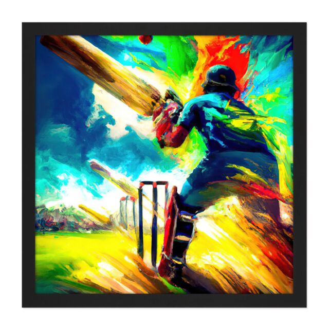 "Artery8 Wall Art Print Summer Sky Cricket Vibrant Batsman Wicket Bowled Oil Painting Square Framed Picture 16X16 Inch in Black - Size: W16"" x H16""" - image 1