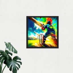 "Artery8 Wall Art Print Summer Sky Cricket Vibrant Batsman Wicket Bowled Oil Painting Square Framed Picture 16X16 Inch in Black - Size: W16"" x H16""" - thumbnail 2