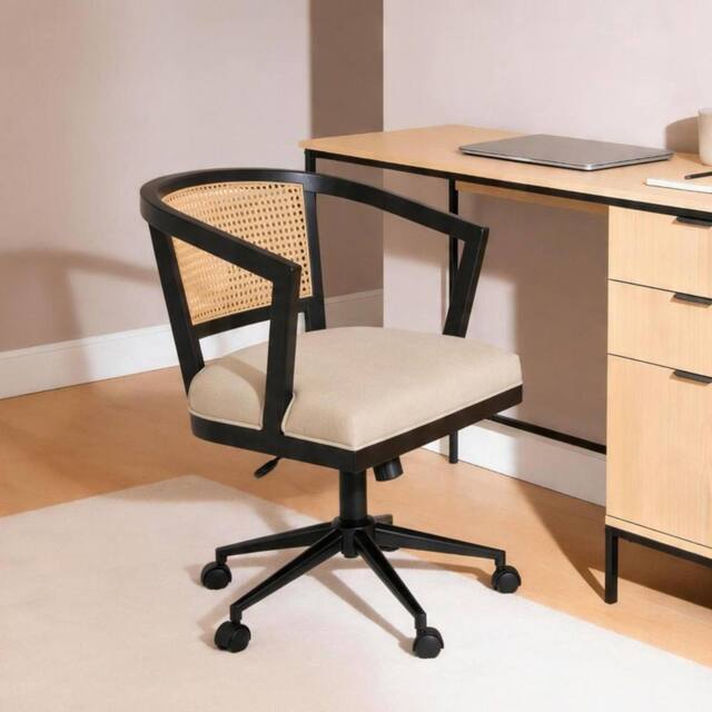 Home Source Nola Rattan Home Office Computer Swivel Chair Armrests Space Saving in Black - image 1