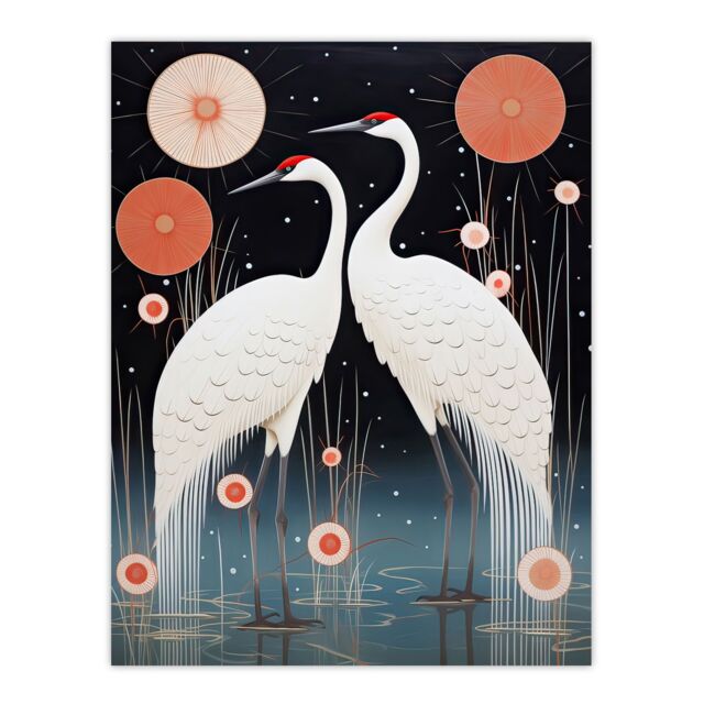 Artery8 Wall Art Print Japanese Cranes Oil Painting Pink Blue White Birds & Abstract Flowers Surreal Lake Landscape at Night Poster - image 1