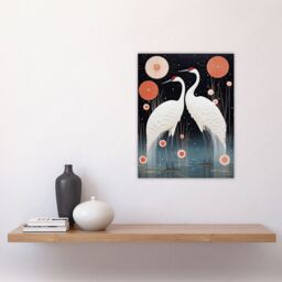 Artery8 Wall Art Print Japanese Cranes Oil Painting Pink Blue White Birds & Abstract Flowers Surreal Lake Landscape at Night Poster - thumbnail 4