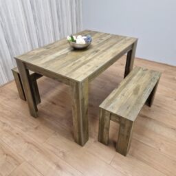 KOSY KOALA Rustic Effect Wood Dining Table Set with 2 Rustic Benches Dining Room Furniture in Brown - thumbnail 2