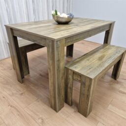 KOSY KOALA Rustic Effect Wood Dining Table Set with 2 Rustic Benches Dining Room Furniture in Brown - thumbnail 8