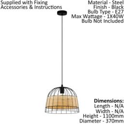 Loops Hanging Ceiling Pendant Light Black & Wicker 1x 40W E27 Hallway Feature Lamp - thumbnail 2