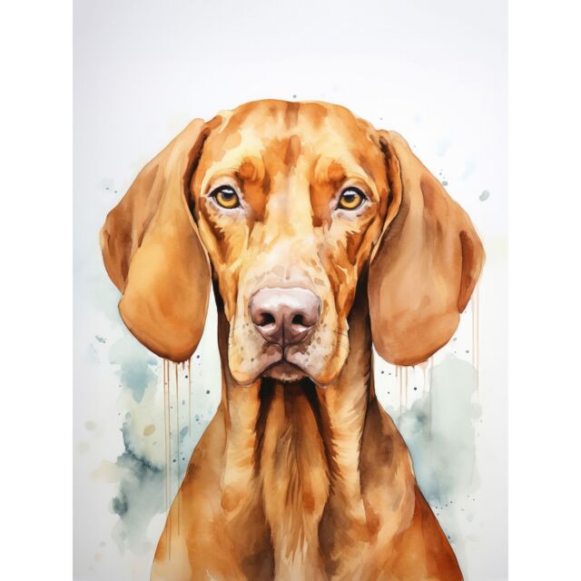"Artery8 Wall Art Print Hungarian Vizsla Dog Soft Watercolour Artwork Golden Rust Teal Bright Portrait Poster in Brown - Size: W12"" x H16""" - image 1