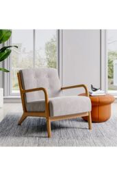 Solid Wooden Frame Fabric Upholstered Tufted Armchair in Light Grey - thumbnail 2