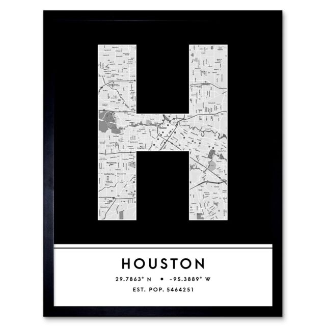 "Wee Blue Coo Wall Art Print Houston Texas United States City Map Modern Typography Stylish Letter Framed Word in Black - Size: W12"" x H16""" - image 1