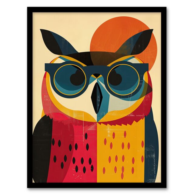 Artery8 Wall Art Print Owl Bird Shades Sunglasses Fun Colourful Painting Art Framed Poster in Black - Size: A4 - image 1