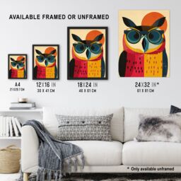 Artery8 Wall Art Print Owl Bird Shades Sunglasses Fun Colourful Painting Art Framed Poster in Black - Size: A4 - thumbnail 3