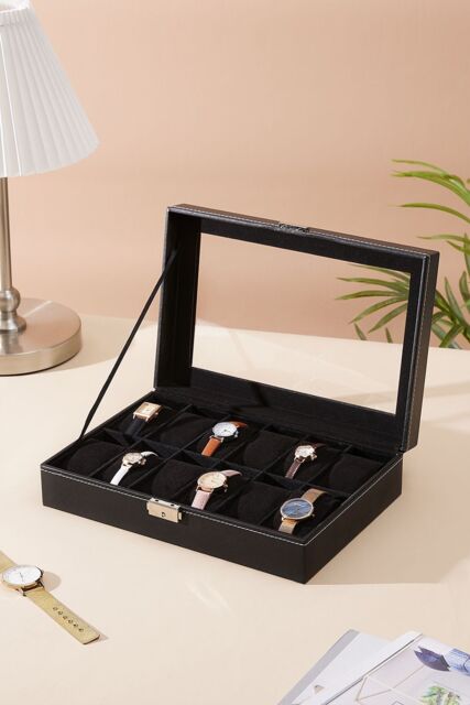 Living and Home 12-Slot Black Synthetic Leather Watch Display Box with Glass Lid - image 1