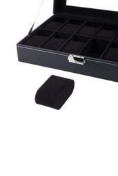 Living and Home 12-Slot Black Synthetic Leather Watch Display Box with Glass Lid - thumbnail 5