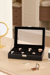 Living and Home 12-Slot Black Synthetic Leather Watch Display Box with Glass Lid - thumbnail 2