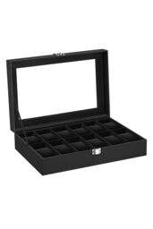 Living and Home 12-Slot Black Synthetic Leather Watch Display Box with Glass Lid - thumbnail 3