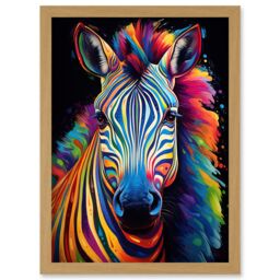 Artery8 Wall Art Print Rainbow Striped Zebra Colourful Vibrant Bold Psychedelic Neon Impact Artwork Framed A4 in Light Oak - thumbnail 1