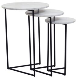 Orsina Nest of 3 Natural Marble Top Side Tables Set, Round End Tables for Home, Black Powder Coated Open Frame in White - thumbnail 5