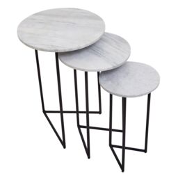 Orsina Nest of 3 Natural Marble Top Side Tables Set, Round End Tables for Home, Black Powder Coated Open Frame in White - thumbnail 4