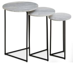 Orsina Nest of 3 Natural Marble Top Side Tables Set, Round End Tables for Home, Black Powder Coated Open Frame in White