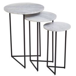 Orsina Nest of 3 Natural Marble Top Side Tables Set, Round End Tables for Home, Black Powder Coated Open Frame in White - thumbnail 3