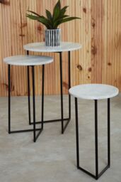 Orsina Nest of 3 Natural Marble Top Side Tables Set, Round End Tables for Home, Black Powder Coated Open Frame in White - thumbnail 2