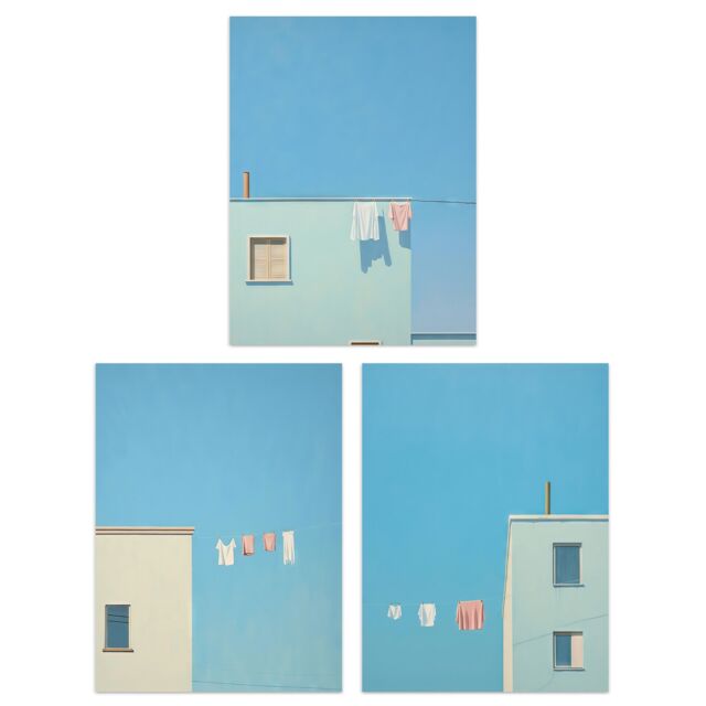 Artery8 Wall Art Print Set of 3 Laundry Day Washing Line Utility Room Minimalist Blue Sky 3 Pack Poster Laundry Room - Size: A4 - image 1