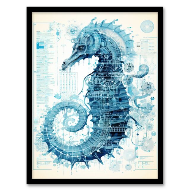 Artery8 Wall Art Print Seahorse Robot Hybrid Schematic Blue Futuristic Secret Complex Arcane Manuscript Gift For Him Man Cave Art Framed - Size: A4 - image 1