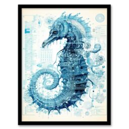 Artery8 Wall Art Print Seahorse Robot Hybrid Schematic Blue Futuristic Secret Complex Arcane Manuscript Gift For Him Man Cave Art Framed - Size: A4 - thumbnail 1