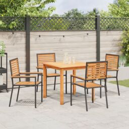 Berkfield Home 5 Piece Garden Dining Set Black Poly Rattan Acacia - thumbnail 4