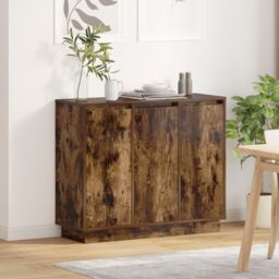 Berkfield Home Sideboard with LED in Smoked Oak - 90x32x75 cm - Made of Engineered Wood in Brown - Size: 90 x 32 x 75 cm - thumbnail 1