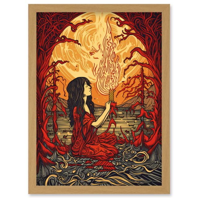 Artery8 Red Witch Concept Art Fire Priestess Art Nouveau Artwork Framed Wall Art Print A4 in Light Oak - image 1