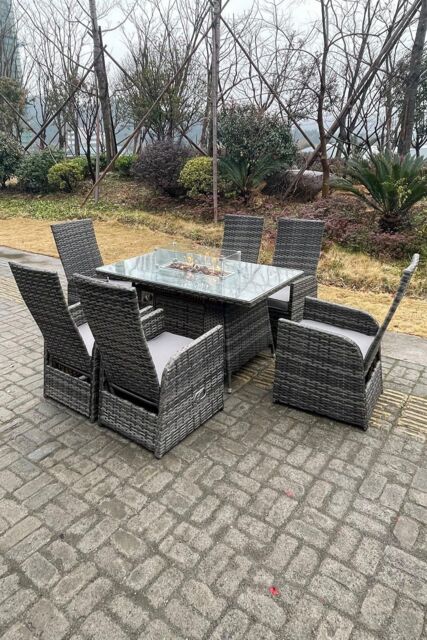 Fimous PE Rattan Gas Fire Pit Oblong Table Gas Heater Adjustable Chair & Table Set 6 Seat in Dark Grey - image 1