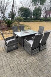 Fimous PE Rattan Gas Fire Pit Oblong Table Gas Heater Adjustable Chair & Table Set 6 Seat in Dark Grey - thumbnail 6