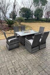 Fimous PE Rattan Gas Fire Pit Oblong Table Gas Heater Adjustable Chair & Table Set 6 Seat in Dark Grey - thumbnail 3