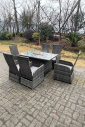 Fimous PE Rattan Gas Fire Pit Oblong Table Gas Heater Adjustable Chair & Table Set 6 Seat in Dark Grey - thumbnail 2