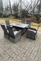Fimous PE Rattan Gas Fire Pit Oblong Table Gas Heater Adjustable Chair & Table Set 6 Seat in Dark Grey - thumbnail 5